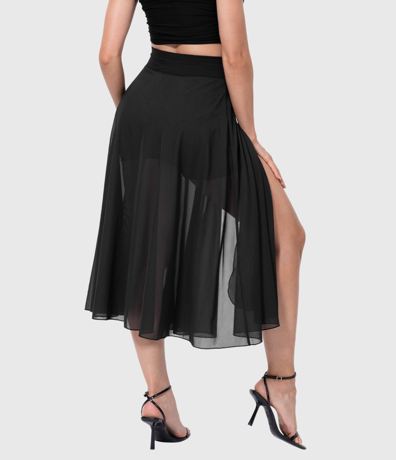 The rose transformable fluid skirt paired with a white t-shirt, illustrating a simple yet elegant outfit combination.