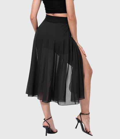 The rose transformable fluid skirt paired with a white t-shirt, illustrating a simple yet elegant outfit combination.