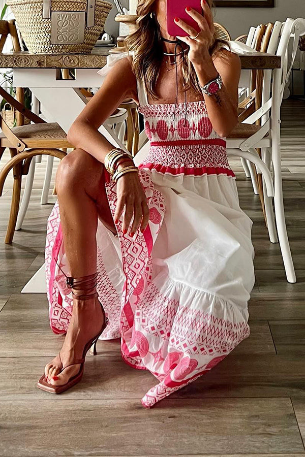 Side profile of a model walking in the white Talia boho maxi dress, highlighting the airy movement of the skirt.