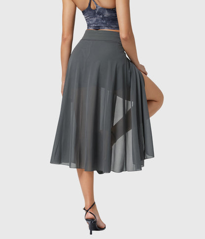 Front view of the turquoise transformable fluid skirt, showcasing its adaptability for various body types.