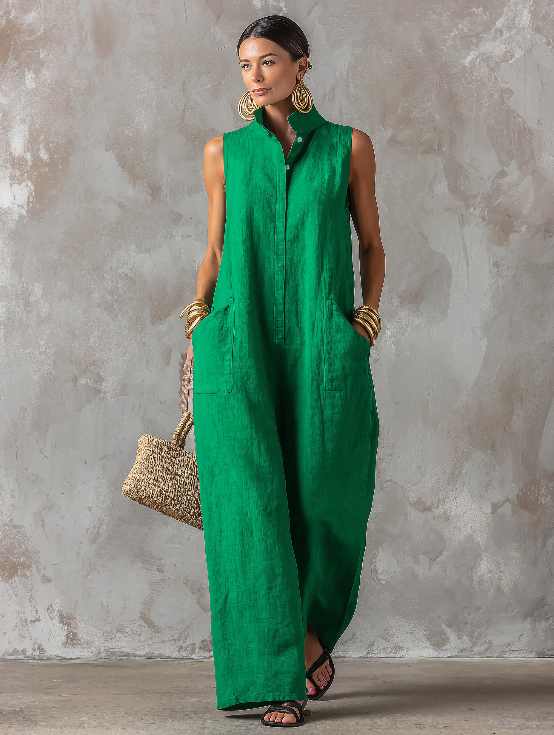 Front view of a woman wearing the Aurelie summer jumpsuit in a neutral color, showcasing its relaxed fit.