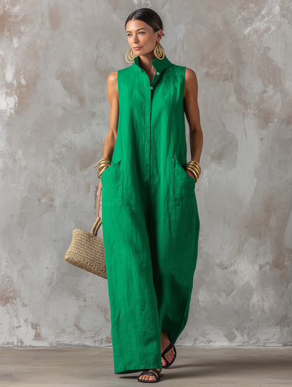 Front view of a woman wearing the Aurelie summer jumpsuit in a neutral color, showcasing its relaxed fit.