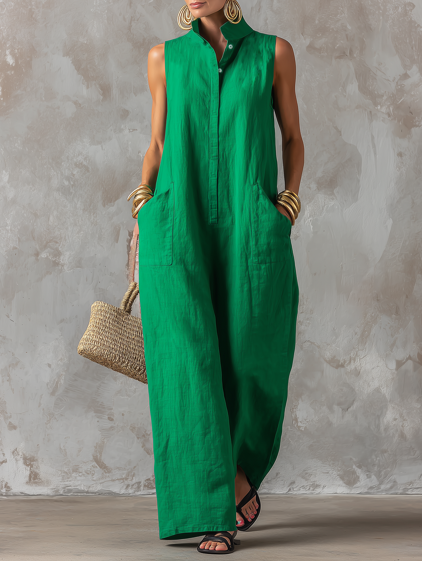 Close-up detail of the elegant stand collar and sleeveless design of the breathable Aurelie jumpsuit.