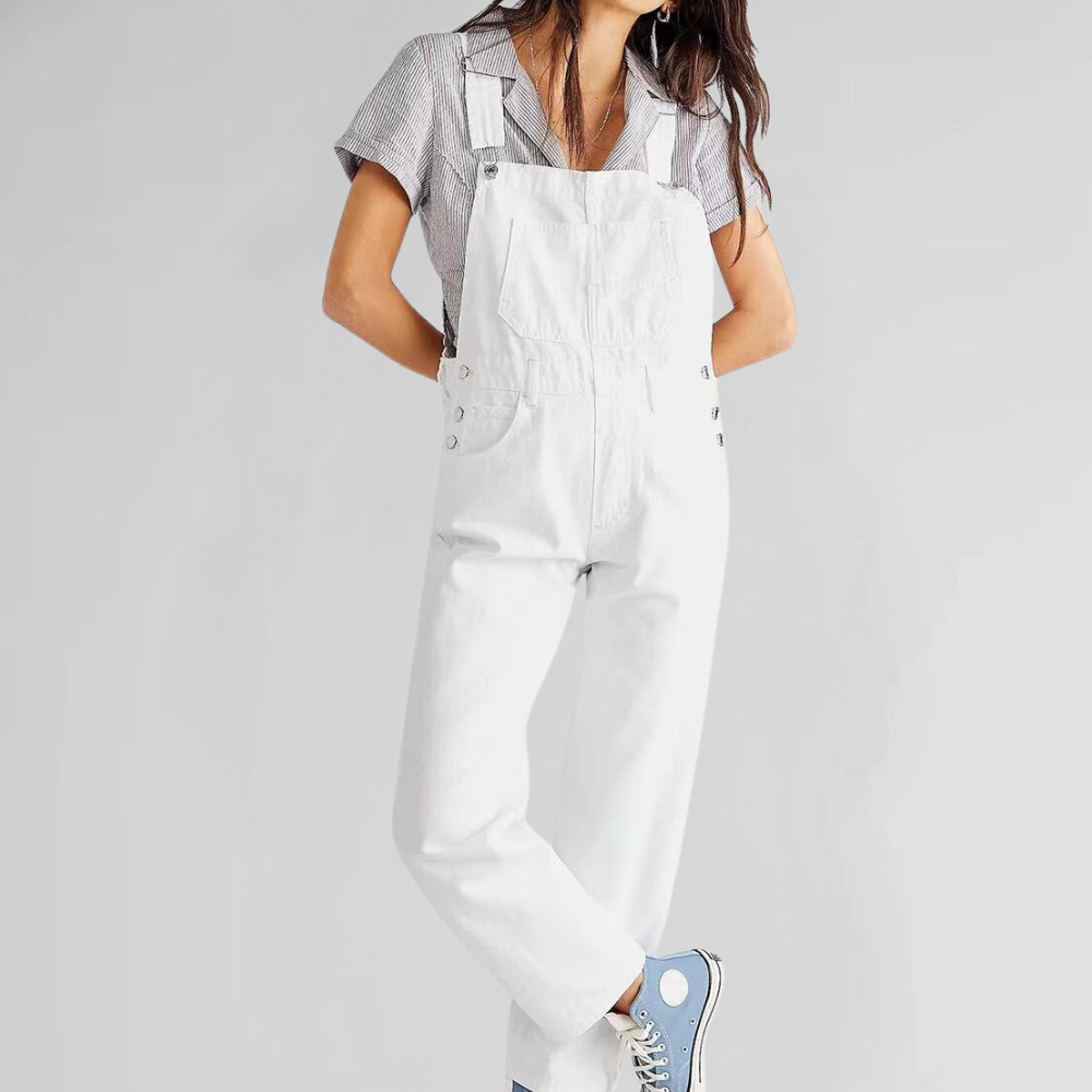 Model wearing the light blue denim dungarees, styled with a casual top for a chic everyday look.