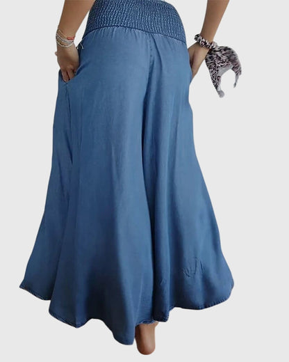 Close-up detail of the elastic waistband and practical side pocket on the grey Seraphina maxi skirt, highlighting its texture.